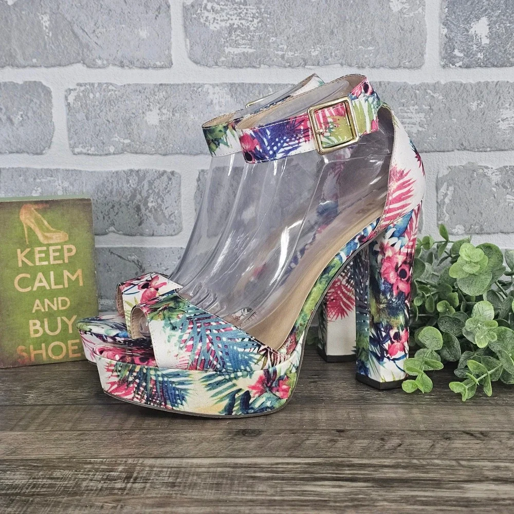 Its Tropical Floral Platform Heels Womens 9 Block Heel Ankle Strap Sandals